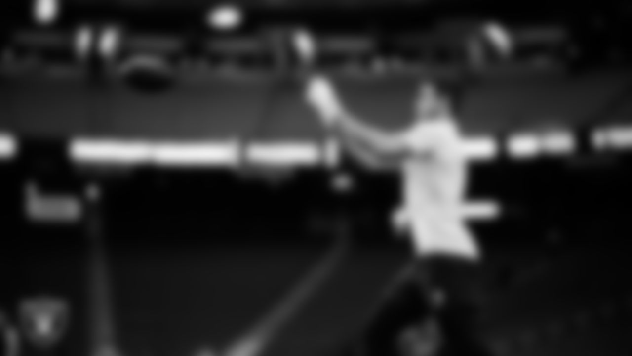 Las Vegas Raiders wide receiver Jack Bech (18) warming up before the regular season home game against the Kansas City Chiefs at Allegiant Stadium.