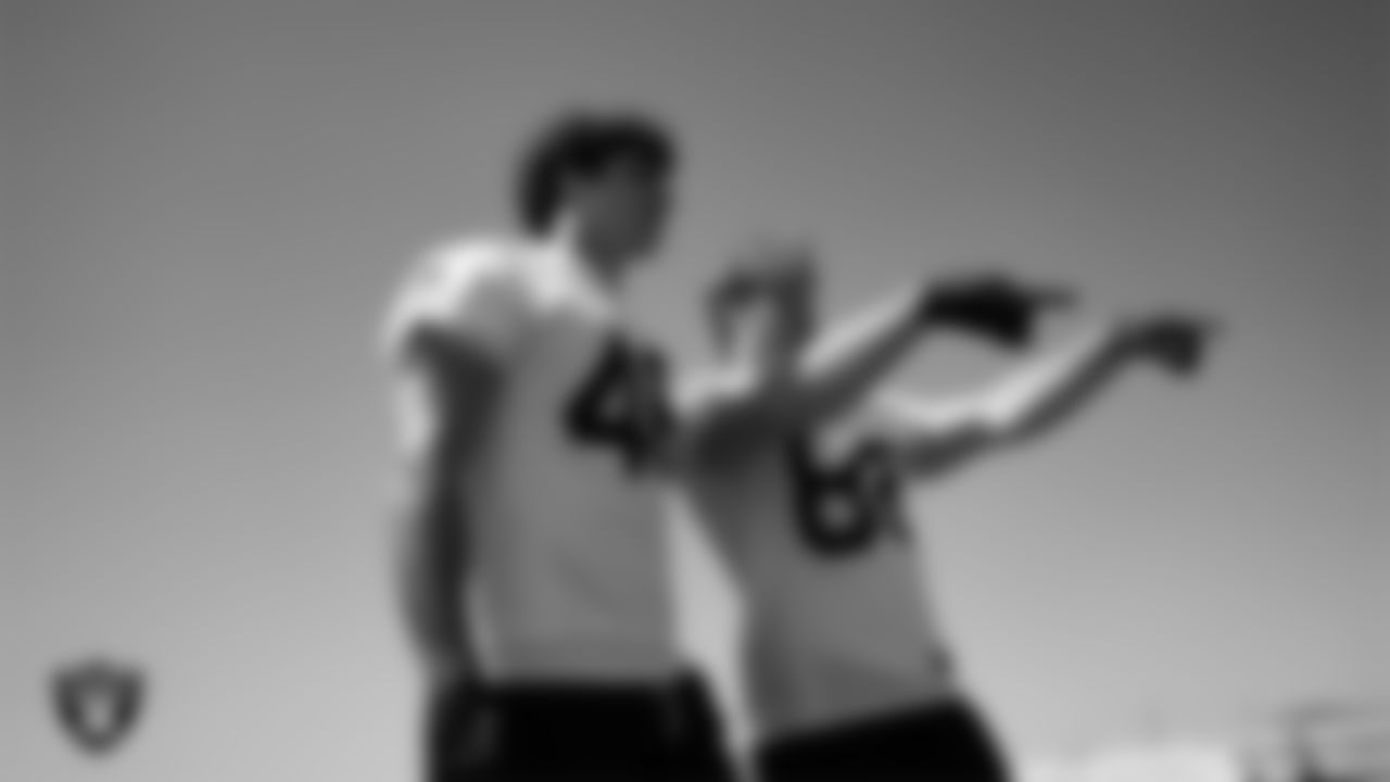 Las Vegas Raiders tight end Carter Runyon (46) and Pat Conroy (86) at a workout during phase two of the offseason program at Intermountain Health Performance Center.