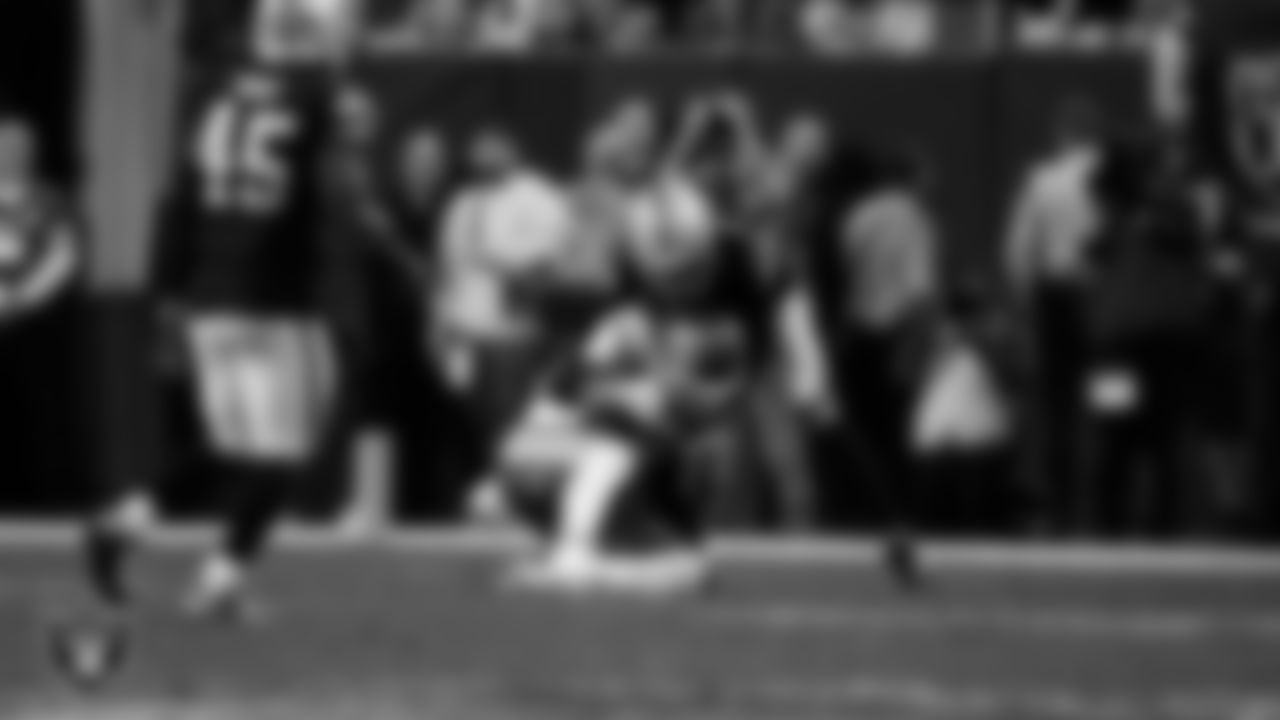 Las Vegas Raiders cornerback Eric Stokes (22) makes a tackle during the regular season home game against the Kansas City Chiefs at Allegiant Stadium.