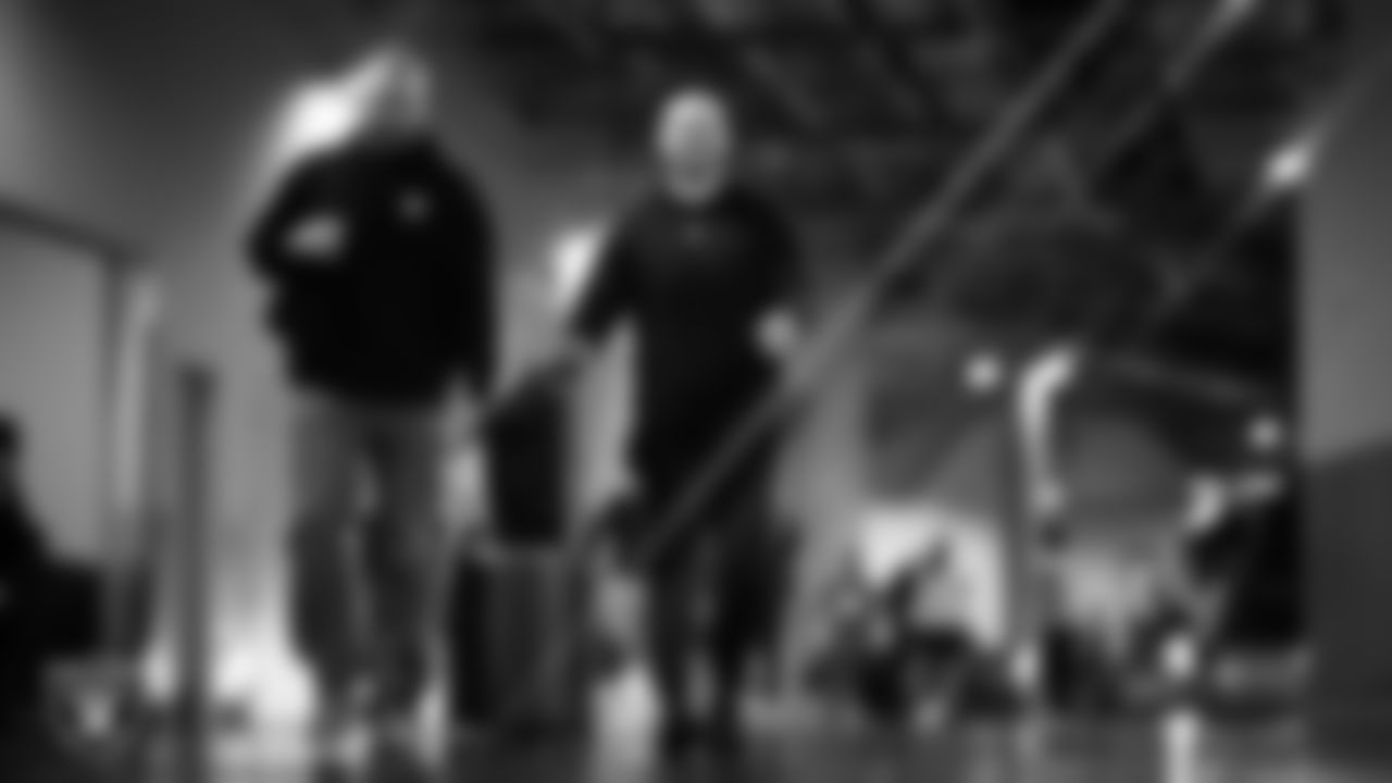 Las Vegas Raiders linebacker Tommy Eichenberg (44) and long snapper Jacob Bobenmoyer (50) arrive to the regular season away game against the Los Angeles Chargers at SoFi Stadium.