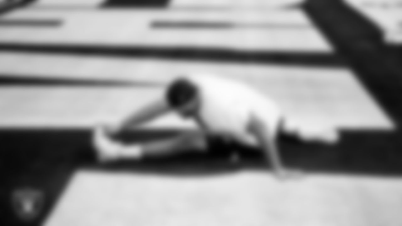 Las Vegas Raiders defensive tackle Jonah Laulu (96) warming up before the regular season away game against the Los Angeles Chargers at SoFi Stadium.