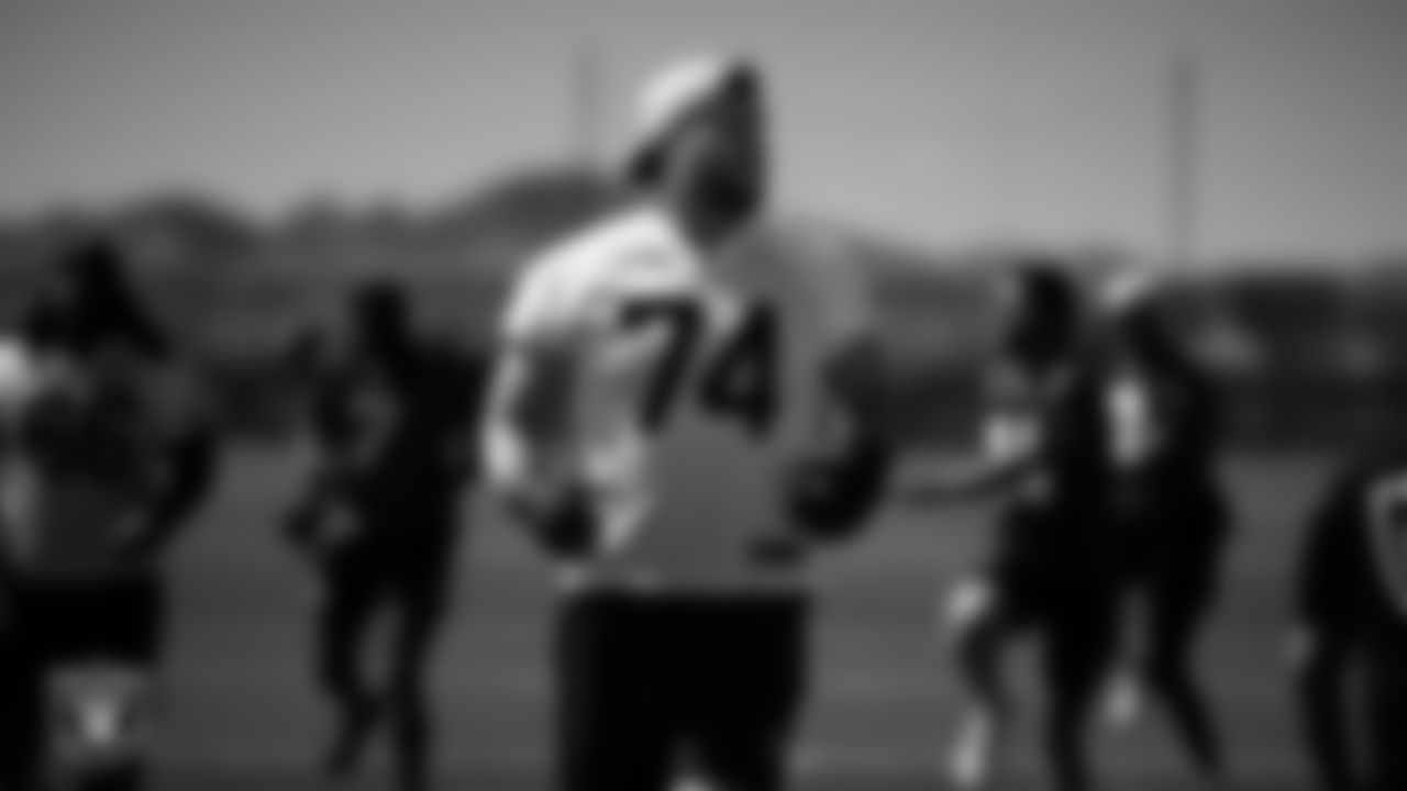 Las Vegas Raiders tackle Kolton Miller (74) at a workout during phase two of the offseason program at Intermountain Health Performance Center.