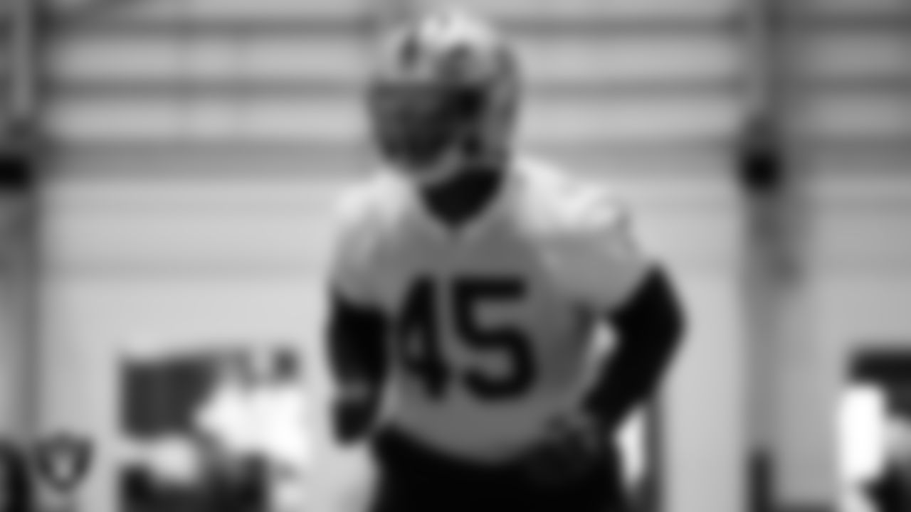 Las Vegas Raiders linebacker Devin White (45) during practice at Intermountain Health Performance Center.