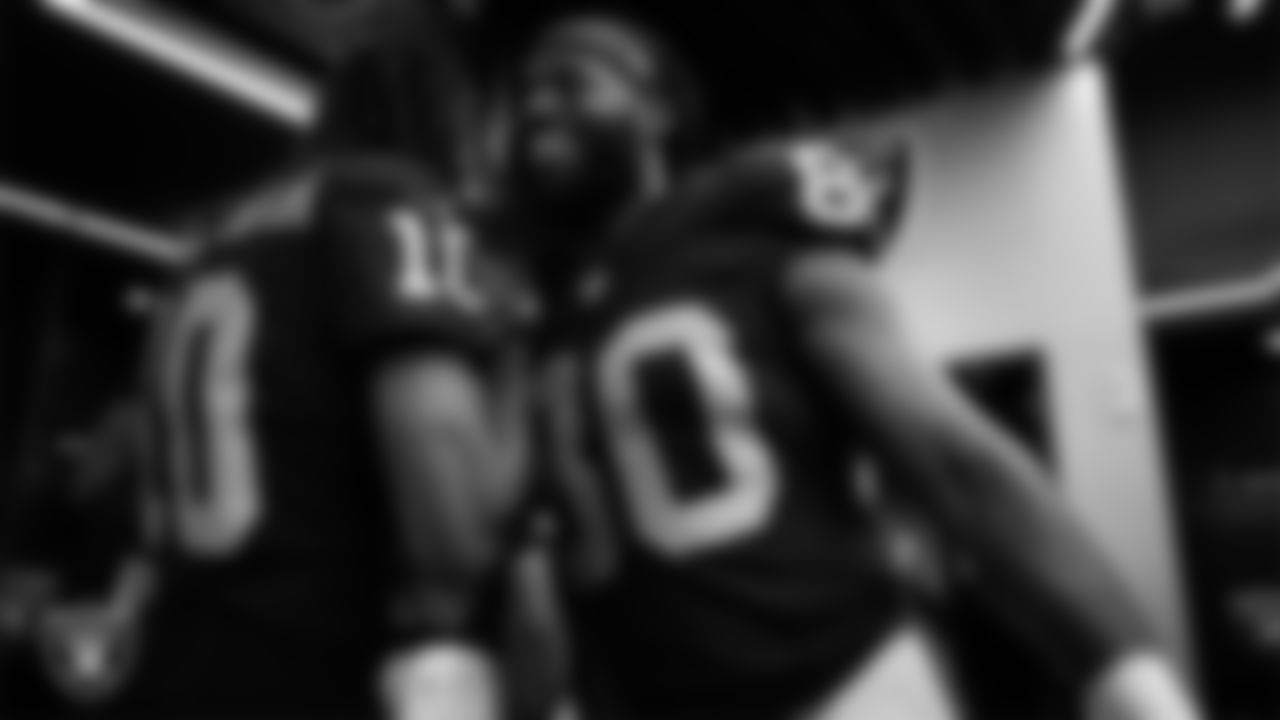 Las Vegas Raiders wide receiver Dont'e Thornton Jr. (10) and tight end Ian Thomas (80) in the locker room after the regular season home game against the Tennessee Titans at Allegiant Stadium.