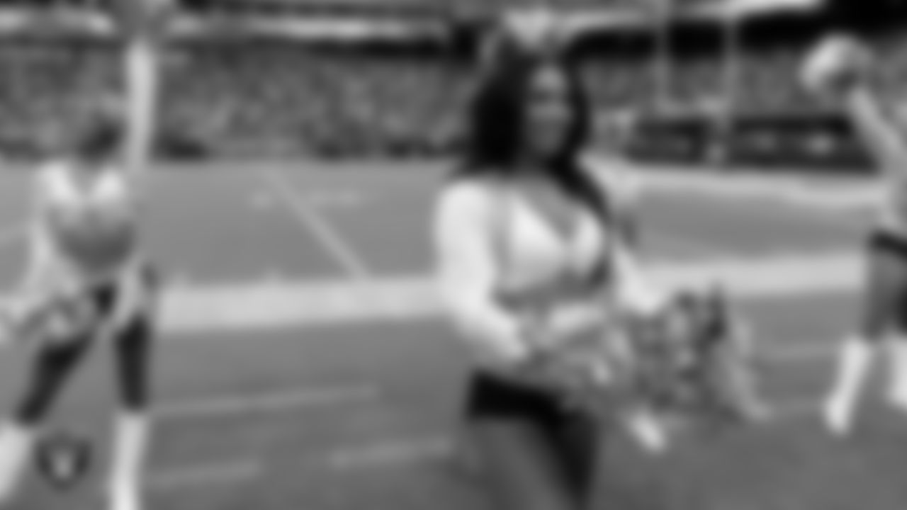 Raiderette Cierra on the sidelines during the preseason home game against the San Francisco 49ers at Allegiant Stadium.