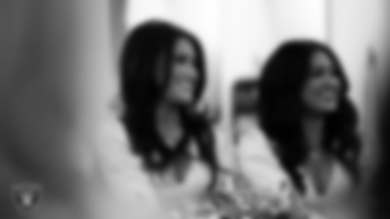 Raiderette Macy in the locker room before the regular season home game against the Dallas Cowboys at Allegiant Stadium.