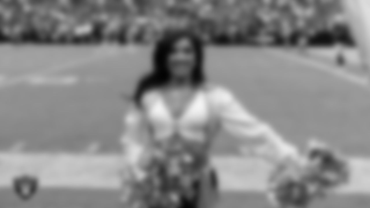 Raiderette Tatiana on the sidelines during the preseason home game against the San Francisco 49ers at Allegiant Stadium.