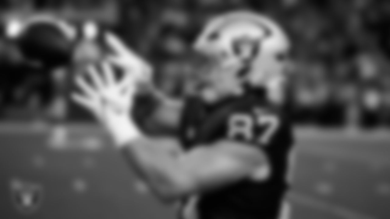 Las Vegas Raiders tight end Michael Mayer (87) warming up before the regular season home game against the Dallas Cowboys at Allegiant Stadium.