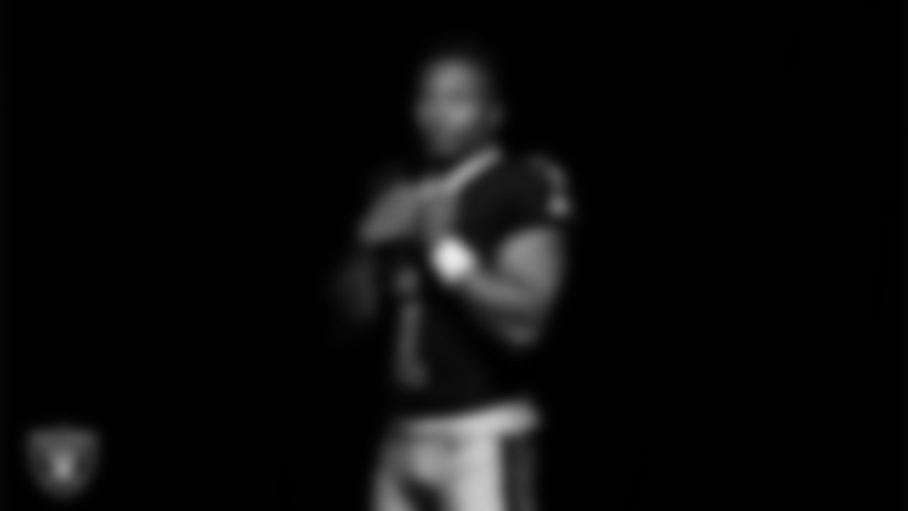 Las Vegas Raiders wide receiver Tre Tucker (1) poses for a photo at the 2025 Raiders Media Day.