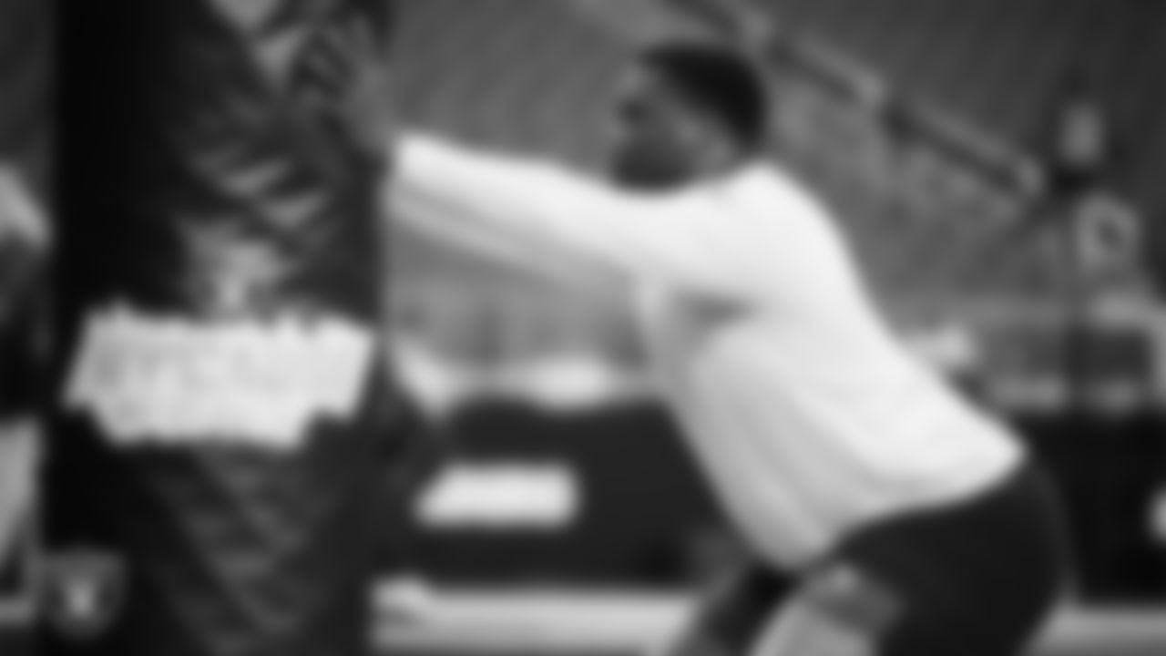 Las Vegas Raiders defensive tackle JJ Pegues (92) warming up before the regular season home game against the Cleveland Browns at Allegiant Stadium.