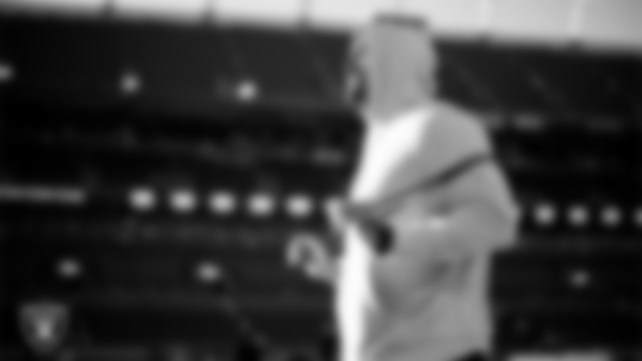 Las Vegas Raiders offensive lineman Stone Forsythe (70) warming up before the regular season away game against the Denver Broncos at Empower Field at Mile High.