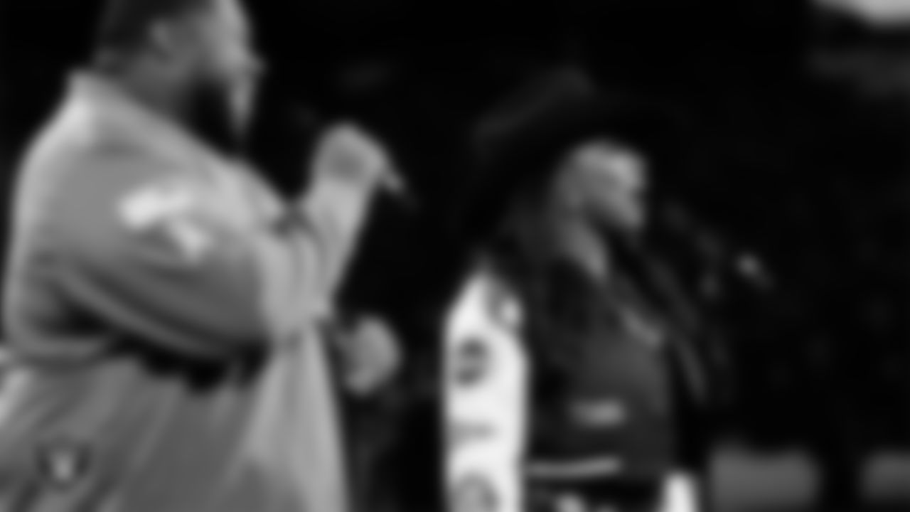 Musical duo The War and Treaty performs the national anthem before the Las Vegas Raiders' regular season home game against the Dallas Cowboys at Allegiant Stadium.