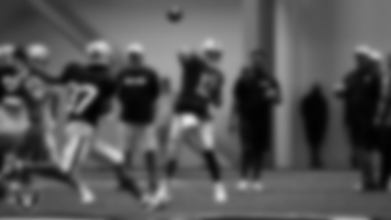 Las Vegas Raiders quarterback Aidan O'Connell (12) on the field for practice at 2025 Training Camp at Intermountain Health Performance Center.