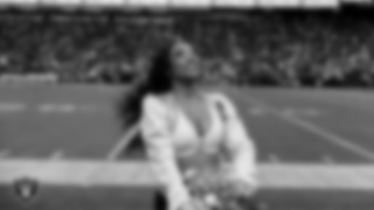 Raiderette Bria on the sidelines during the regular season home game against the Jacksonville Jaguars at Allegiant Stadium.