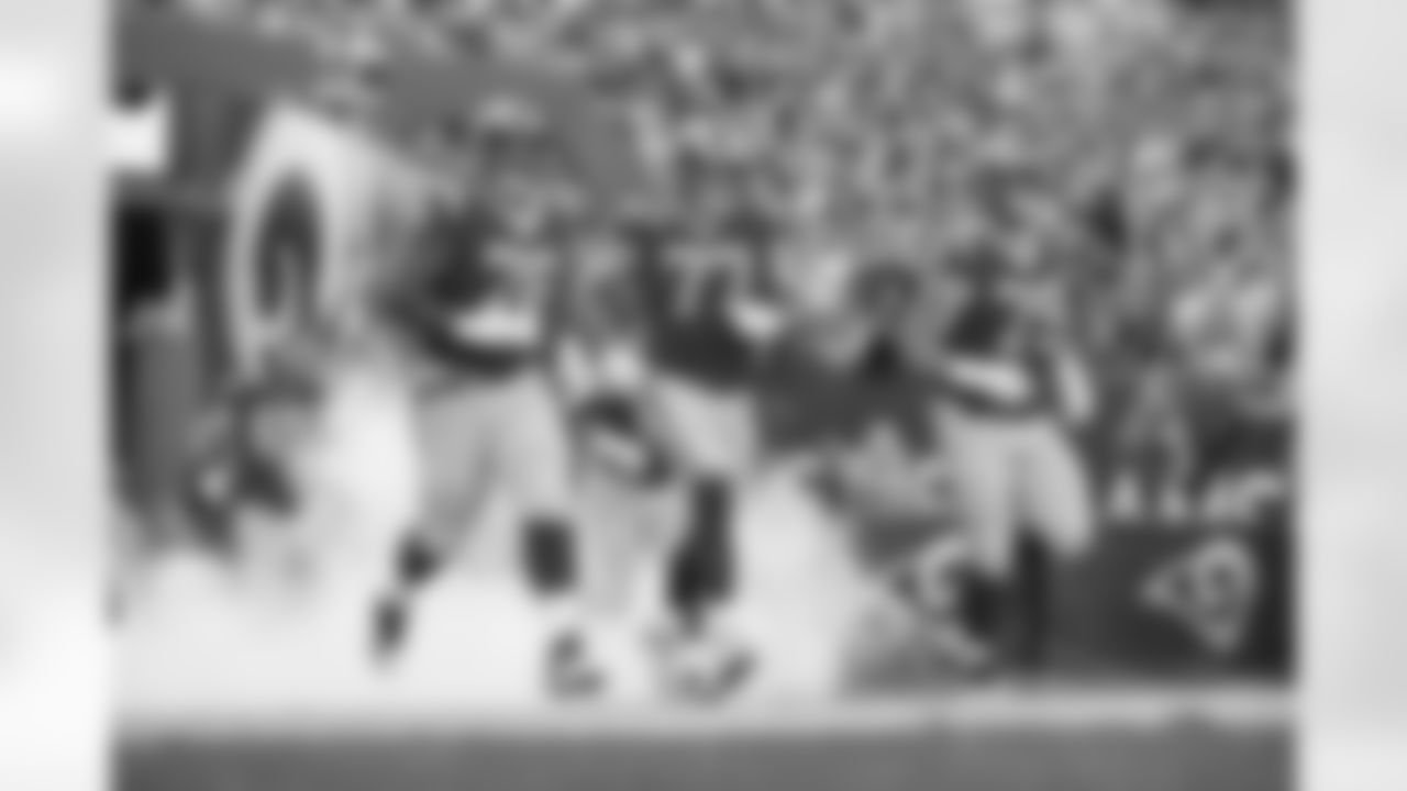 (76) Rodger Saffold, (77) Andrew Whitworth, (79) Rob Havenstein, (65) John Sullivan, and (66) Austin Blythe of the Los Angeles Rams are introduced before the Rams 38-31 victory over the Vikings in an NFL Week 4 Thursday Night Football game, Thursday, September 27, 2018, in Los Angeles, CA. (Jeff Lewis/Rams)