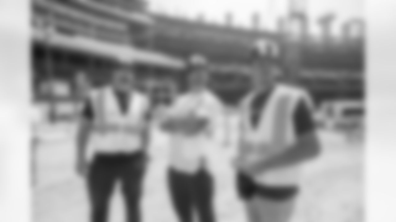 Rob Havenstein, Tyler Higbee, and Sean Mannion of the Los Angeles Rams take a tour with the team of the new Inglewood Stadium site, Thursday June 14, 2018, in Inglewood, CA. (Jeff Lewis/Rams)