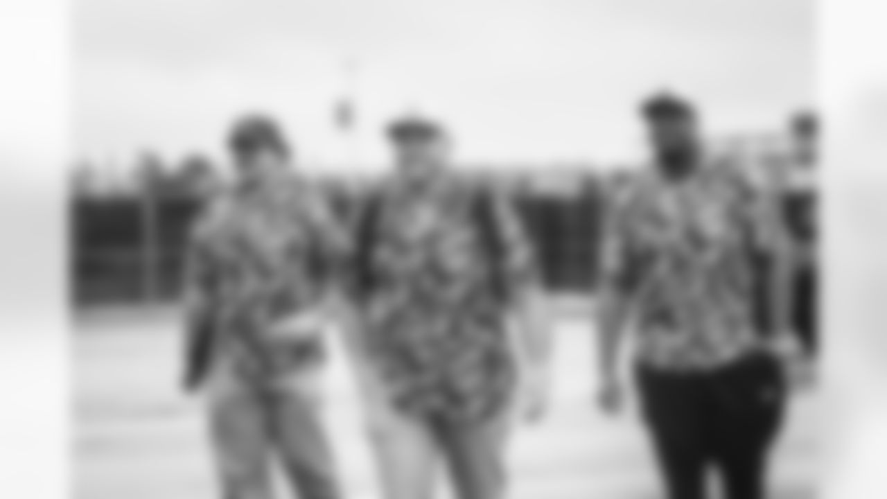 67 OL Justin Dedich, offensive assistant Brian Allen, and 71 OL Warren McClendon arrive at SoFi Stadium for today's game vs. the Cardinals