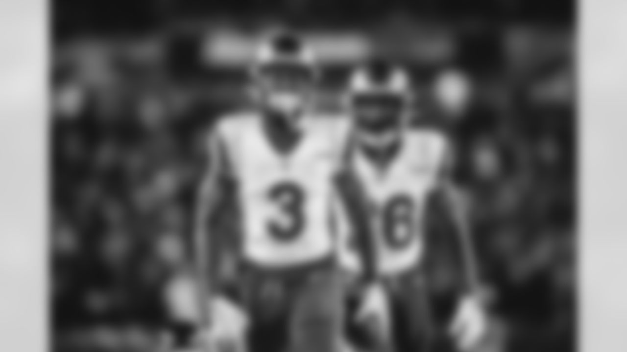 Los Angeles Rams safety Kam Curl (3) celebrates during an NFL football game against the Chicago Bears on Sunday, January 18, 2026 in Chicago, Illinois. (Brooke Sutton/NFL)