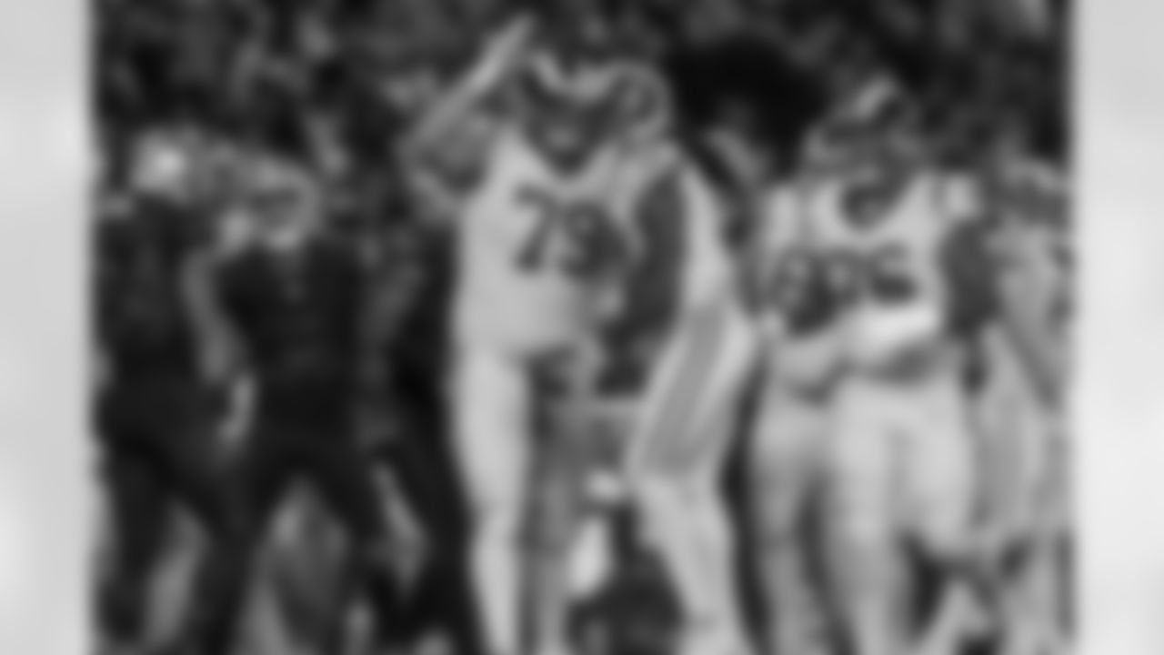 Tackle (79) Rob Havenstein and Wide Receiver (12) Sammy Watkins of The Los Angeles Rams against the San Francisco 49'ers on Thursday Night Football, September 21st 2017, at Levi's Stadium in Santa Clara, CA.(Rams/Hiro Ueno)