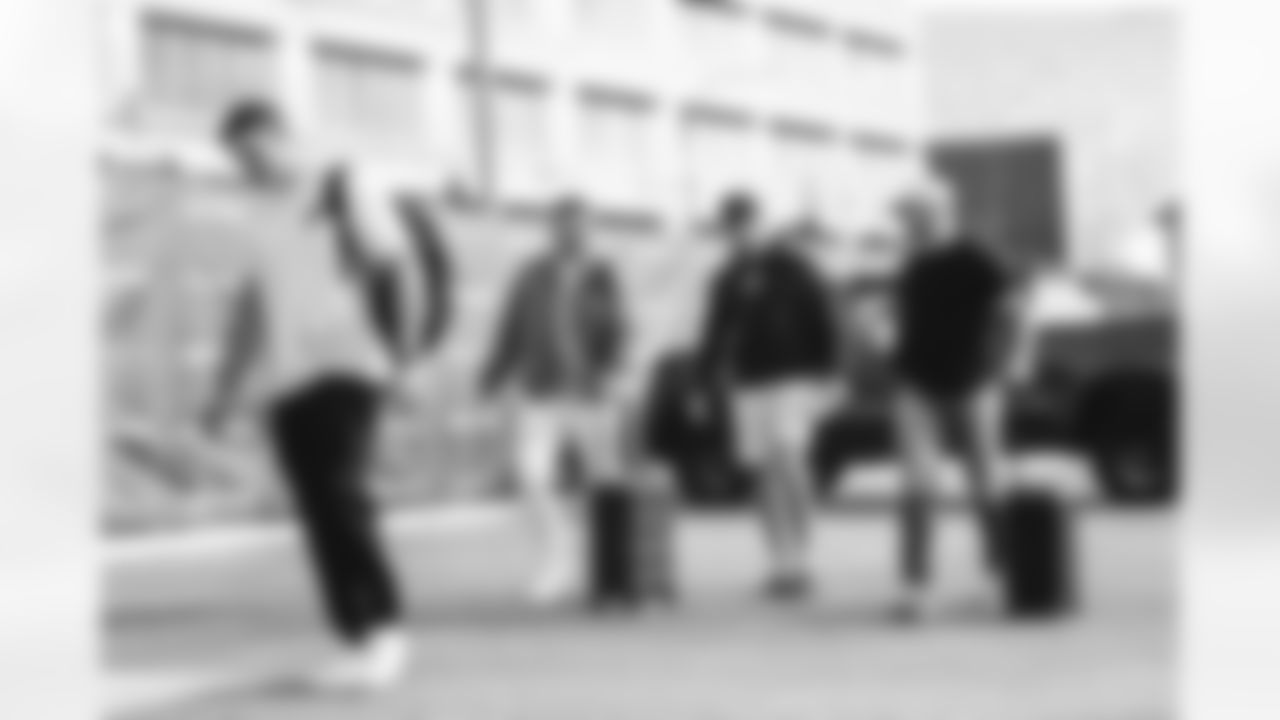 42 P Ethan Evans, 56 ILB Shaun Dolac, 53 ILB Nate Landman and 51 ILB Troy Reeder arrive at SoFi Stadium for today's matchup against the Lions