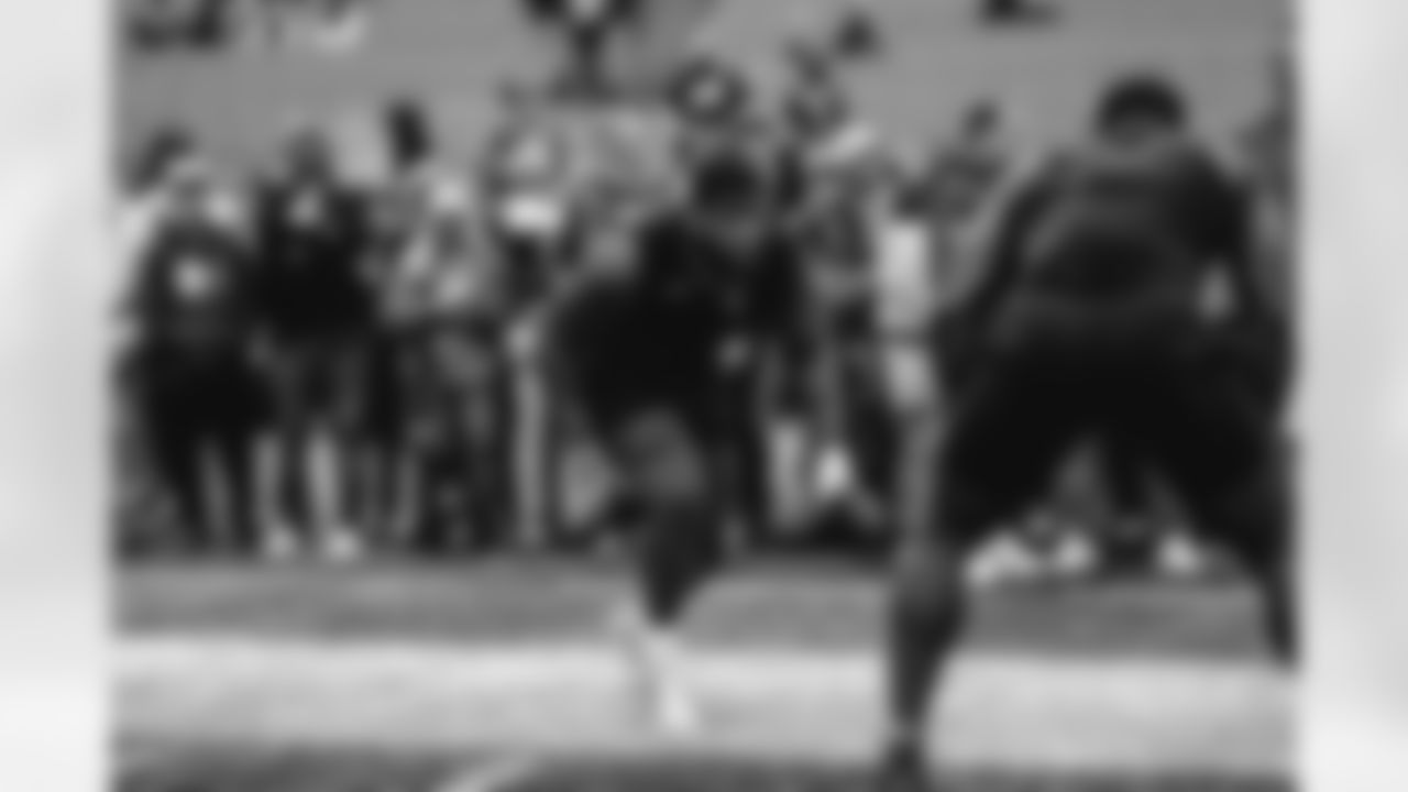 8 OLB Jared Verse warms up pregame ahead of the Rams vs. Panthers Week 13 matchup