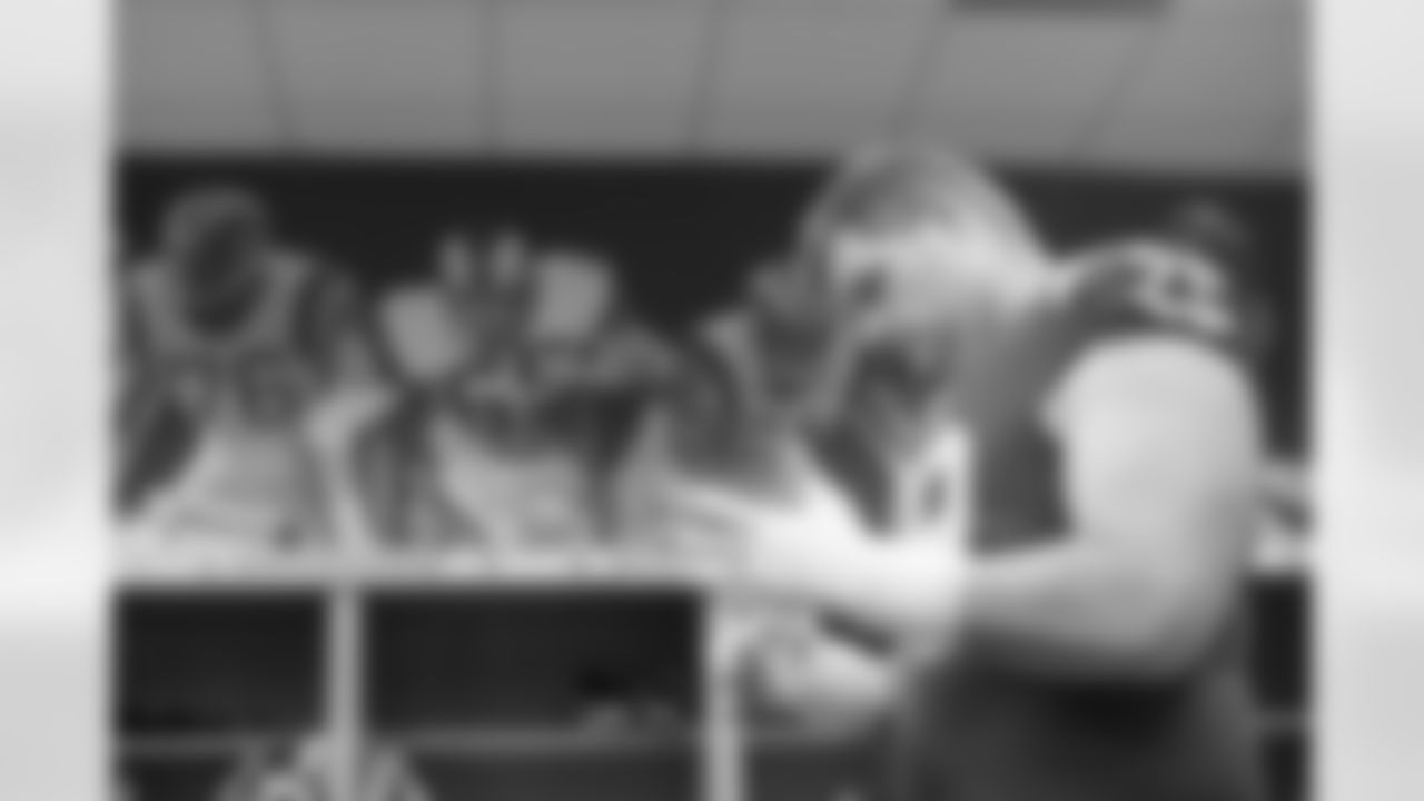 Tackle (79) Rob Havenstein of the Los Angeles Rams gets dressed in the locker room before the Rams 23-30 loss to the Eagles in an NFL Week 15 Sunday Night Football regular season game, Sunday, December 16, 2018, in Los Angeles, CA. (Jeff Lewis/Rams)