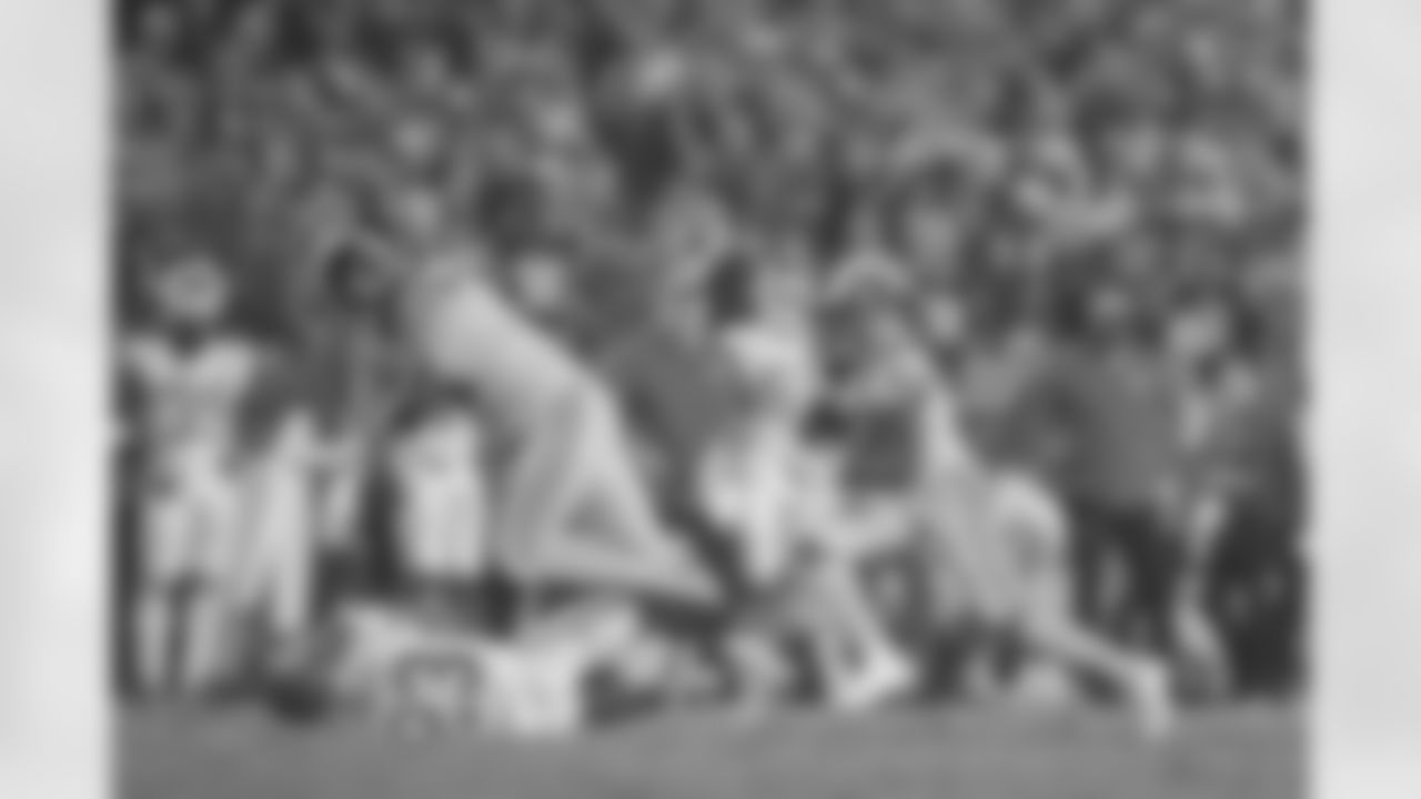 Wide receiver (12) Brandin Cooks of the Los Angeles Rams catches a pass and runs while tackle (79) Rob Havenstein pancakes a the Kansas City Chiefs player during the Rams 54-51 victory over the Chiefs in an NFL Week 11 Monday Night Football game, Monday, November 19, 2018, in Los Angeles, CA. (Jeff Lewis/Rams)