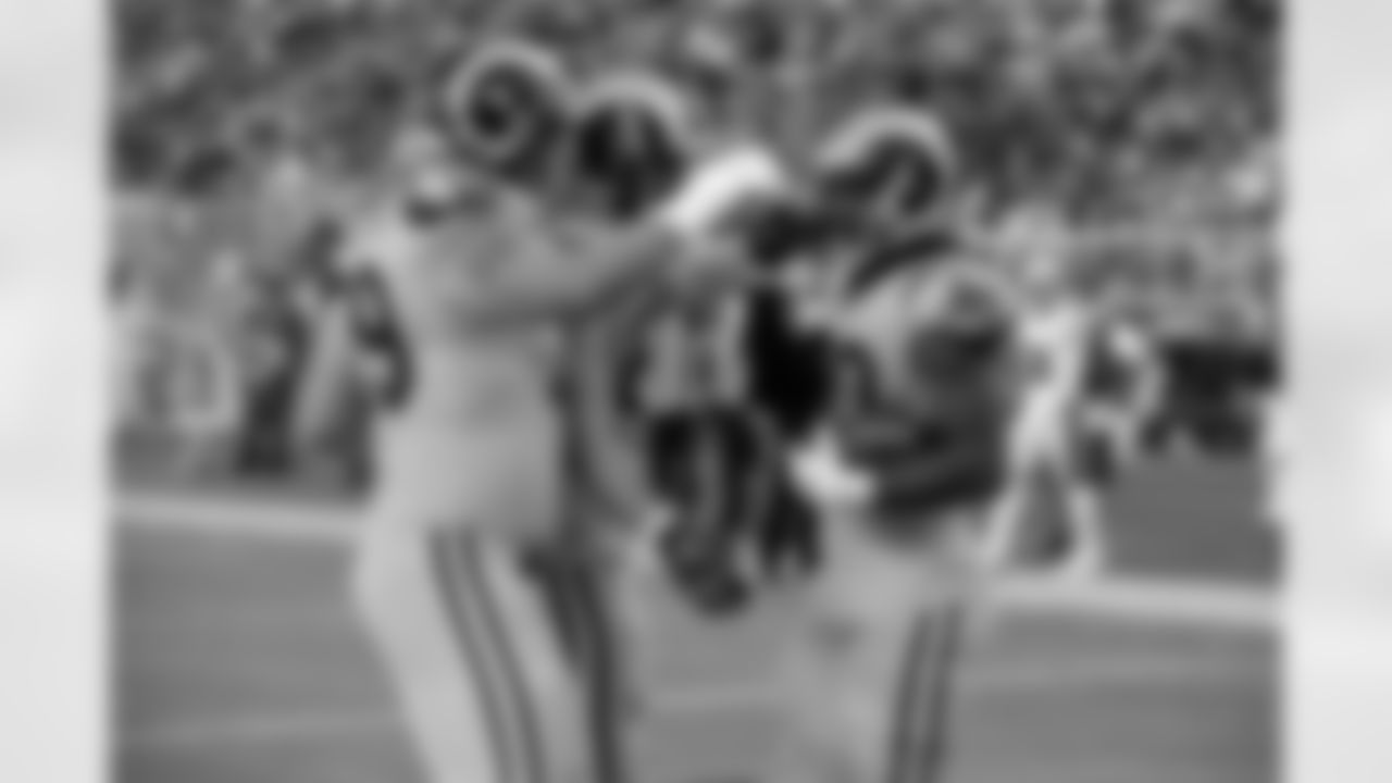 Los Angeles Rams offensive tackle Rob Havenstein (79), tight end Tyler Higbee (89), and running back Todd Gurley (30) celebrate a touchdown against the San Francisco 49ers during an NFL football game in Santa Clara, Calif., Sunday, Oct. 21, 2018 (Hiro Ueno/Rams).