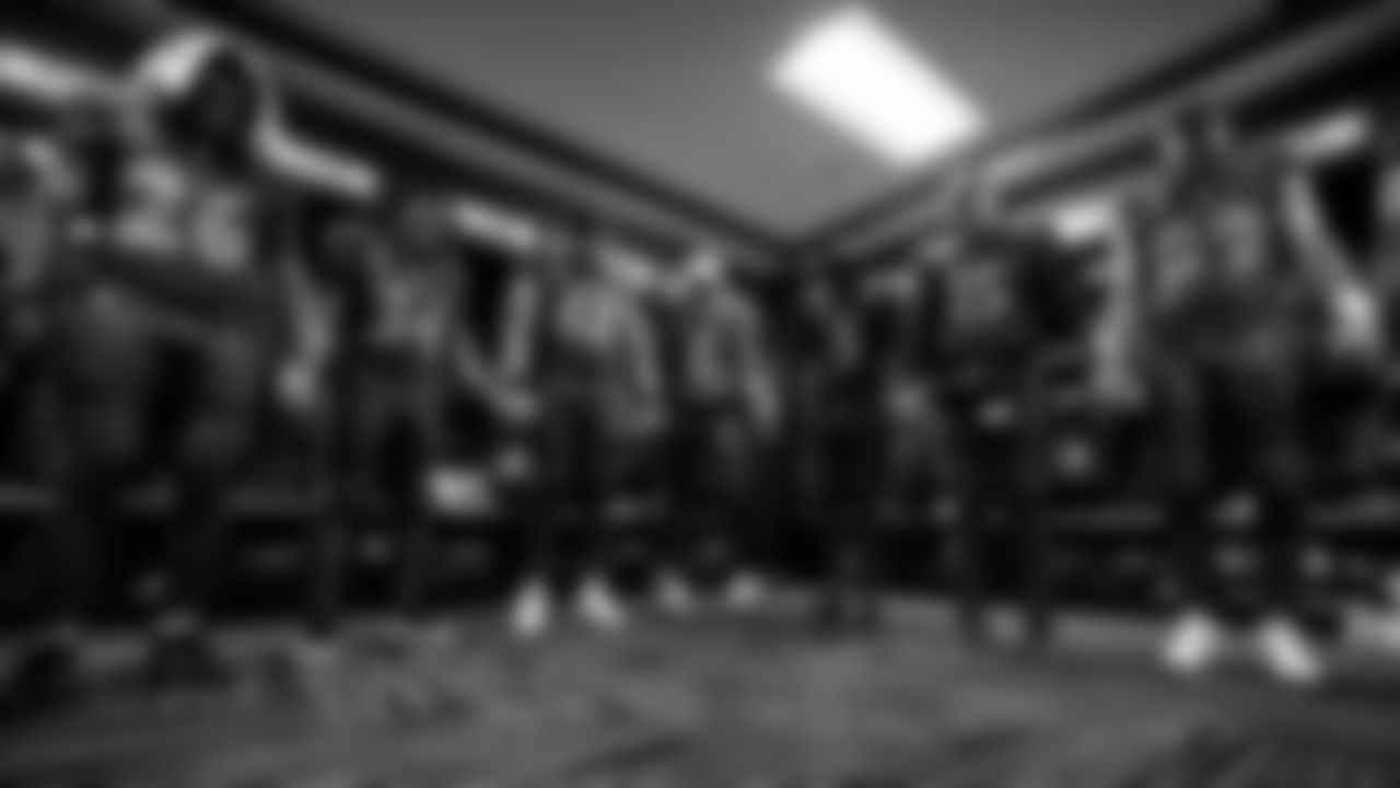 From left: RB Rasheen Ali, RB Keaton Mitchell, FB Patrick Ricard, QB Lamar Jackson, QB Tyler Huntley, QB Cooper Rush, & TE Mark Andrews