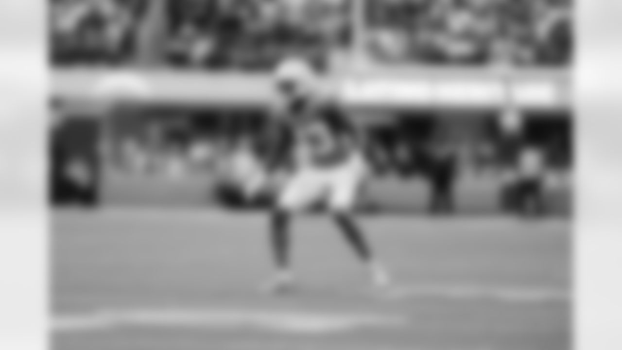 Los Angeles Chargers cornerback Michael Davis (43) in coverage during an NFL football game against the Las Vegas Raiders on Sunday, October 1, 2023 in Inglewood, California.