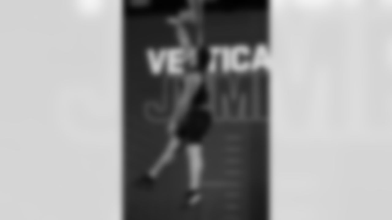 Texas A&M offensive lineman Chase Bisontis (05) participates in the vertical jump during the 2026 NFL Scouting Combine on Sunday, March 1, 2026 in Indianapolis, Indiana.