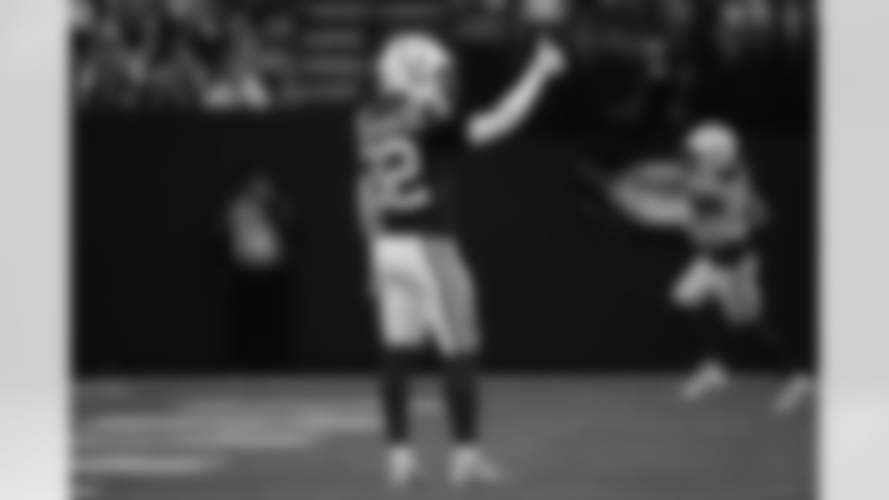 Indianapolis Colts safety Julian Blackmon (32) celebrates a defensive stop during an NFL football game against the Miami Dolphins, Sunday, Oct. 20, 2024, in Indianapolis. The Colts defeated the Dolphins 16-10.