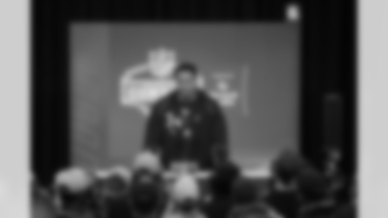 Miami offensive lineman Francis Mauigoa (34) speaks during a press conference at the NFL football scouting combine in Indianapolis, Saturday, Feb. 28, 2026.