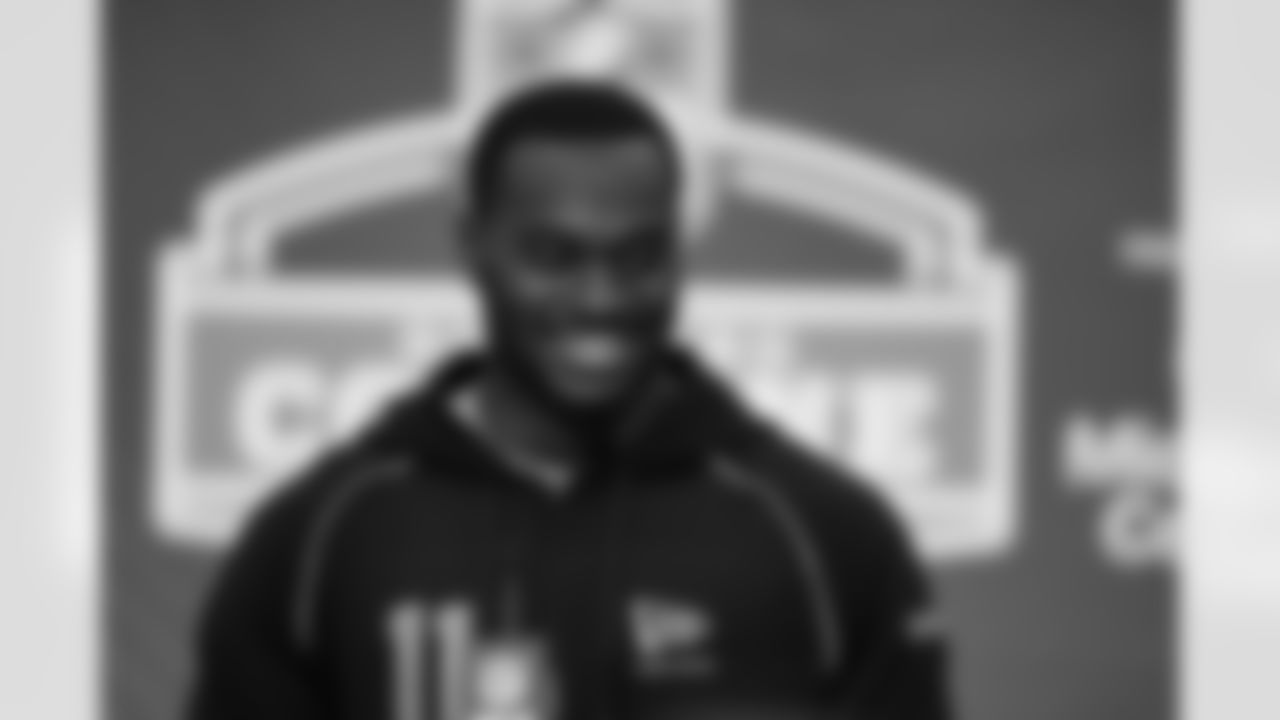 Notre Dame running back Jeremiyah Love (11) speaks during a press conference at the 2026 NFL Scouting Combine on Friday, February 27, 2026 in Indianapolis, Indiana.