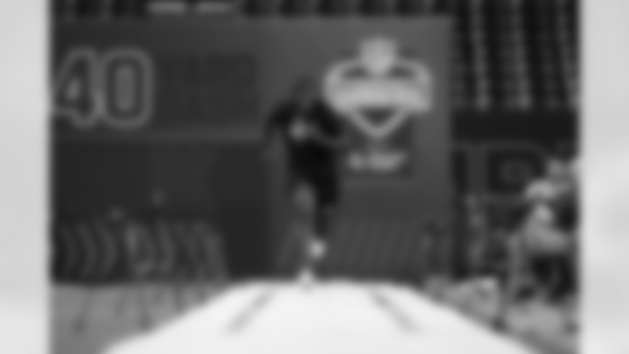 Texas A&M offensive lineman Ar'maj Reed-Adams (42) runs the 40-yard dash during the 2026 NFL Scouting Combine on Sunday, March 1, 2026 in Indianapolis, Indiana.