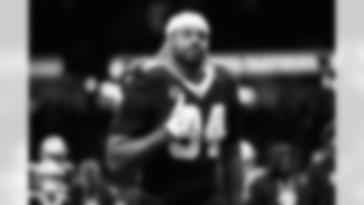 Cam Jordan #94 of the New Orleans Saints warming up before an NFL football game against the New England Patriots in New Orleans, La., Sunday, Oct. 12, 2025.