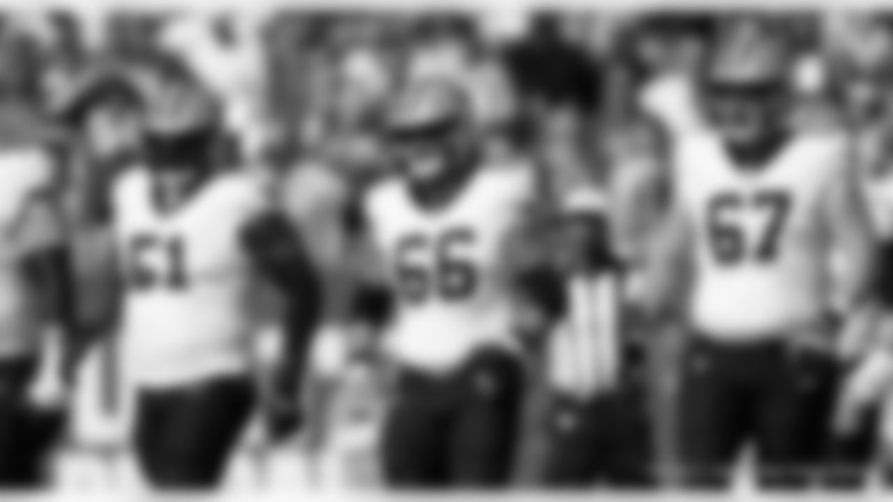 C/G Cesar Ruiz (51), C/G Shane Lemiex (66) and T Landon Young (67) in action during the New Orleans Saints game against the Tampa Bay Buccaneers for Week 18 of the 2024 NFL Season on Jan. 5, 2025 at Raymond James Stadium.