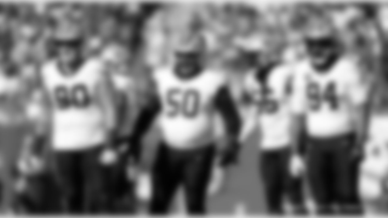 DT Bryan Bresee (90), DT Khalen Saunders (50), LB Demario Davis (56), and Cameron Jordan (94) during the New Orleans Saints game against the Tampa Bay Buccaneers for Week 18 of the 2024 NFL Season on Jan. 5, 2025 at Raymond James Stadium.