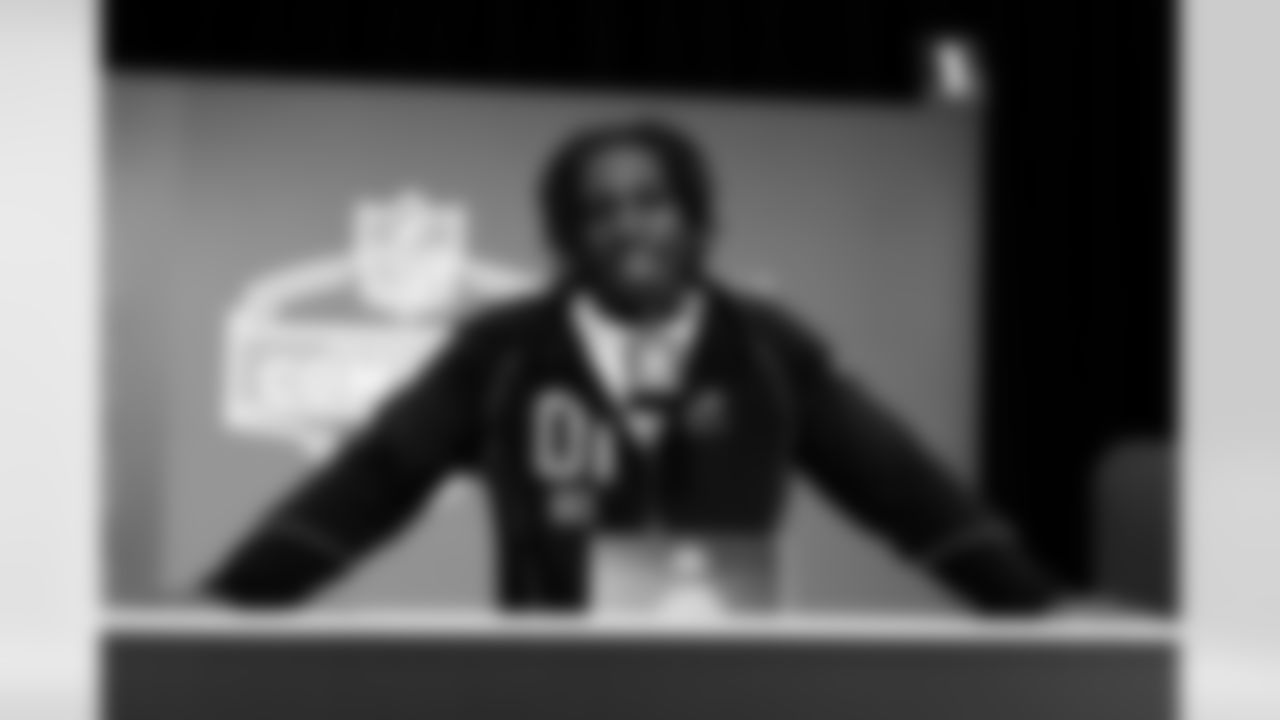 LSU wide receiver Aaron Anderson (01) speaks during a press conference at the 2026 NFL Scouting Combine on Friday, February 27, 2026 in Indianapolis, Indiana.