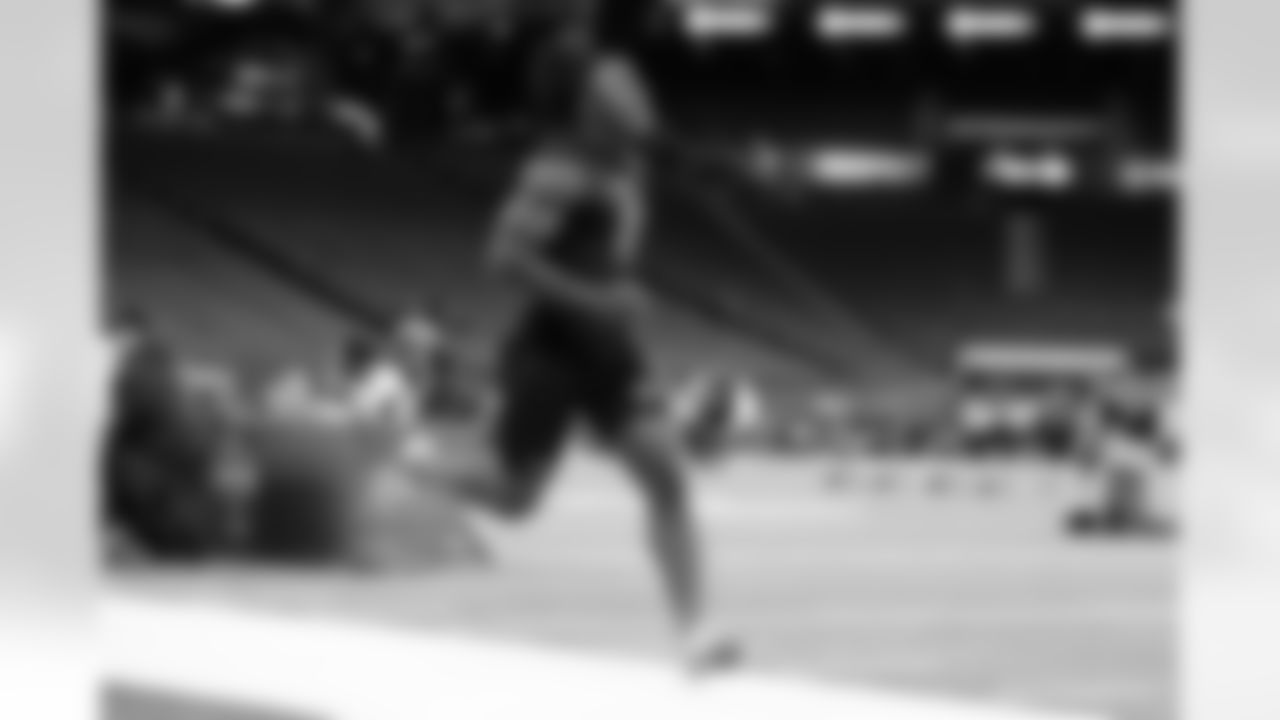 Nebraska running back Emmett Johnson (10) participates in a drill during the 2026 NFL Scouting Combine on Saturday, February 28, 2026 in Indianapolis, Indiana.