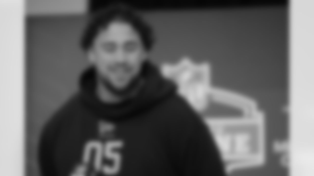 Texas A&M offensive lineman Chase Bisontis (05) speaks during a press conference at the NFL football scouting combine in Indianapolis, Saturday, Feb. 28, 2026.