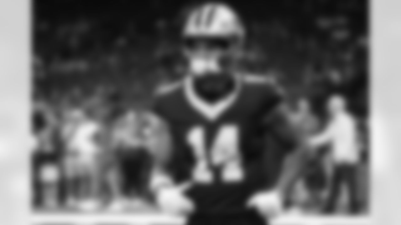 WR Devaughn Vele (14) runs on the field during the New Orleans Saints game against the San Francisco 49ers for Week 2 of the 2025 NFL season on Sept. 14, 2025 at Caesars Superdome.