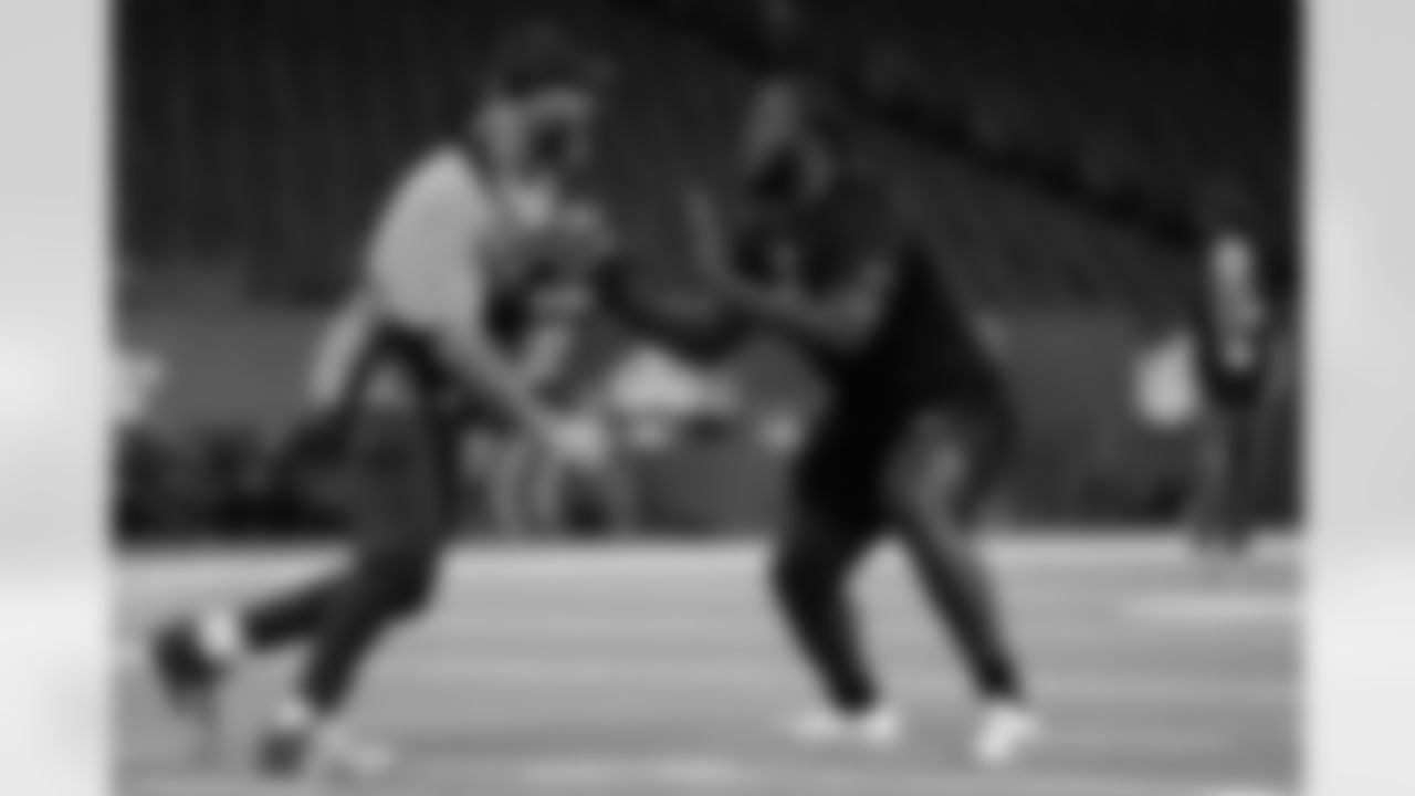 Texas A&M offensive lineman Ar'maj Reed-Adams (42) participates in a drill during the 2026 NFL Scouting Combine on Sunday, March 1, 2026 in Indianapolis, Indiana.