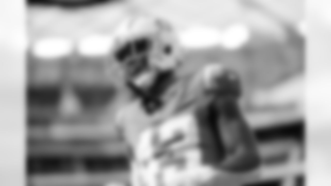 Los Angeles Chargers cornerback Michael Davis (43) celebrates during pregame warmups before an NFL football game against the Kansas City Chiefs, Sunday, Jan. 7, 2024, in Inglewood, Calif. The Chiefs defeated the Chargers, 13-12.