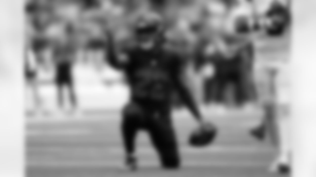 Houston Texans running back Cam Akers celebrates after running for a first down during the first half of an NFL football game against the Buffalo Bills, Sunday, Oct. 6, 2024, in Houston.