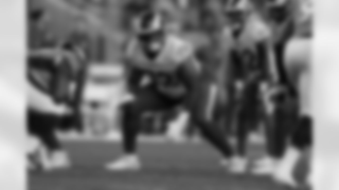 Los Angeles Rams offensive guard Tremayne Anchrum (72) against the Denver Broncos during the second half of an NFL preseason football game, Saturday, Aug. 28, 2021, in Denver. (AP Photo/Jack Dempsey)