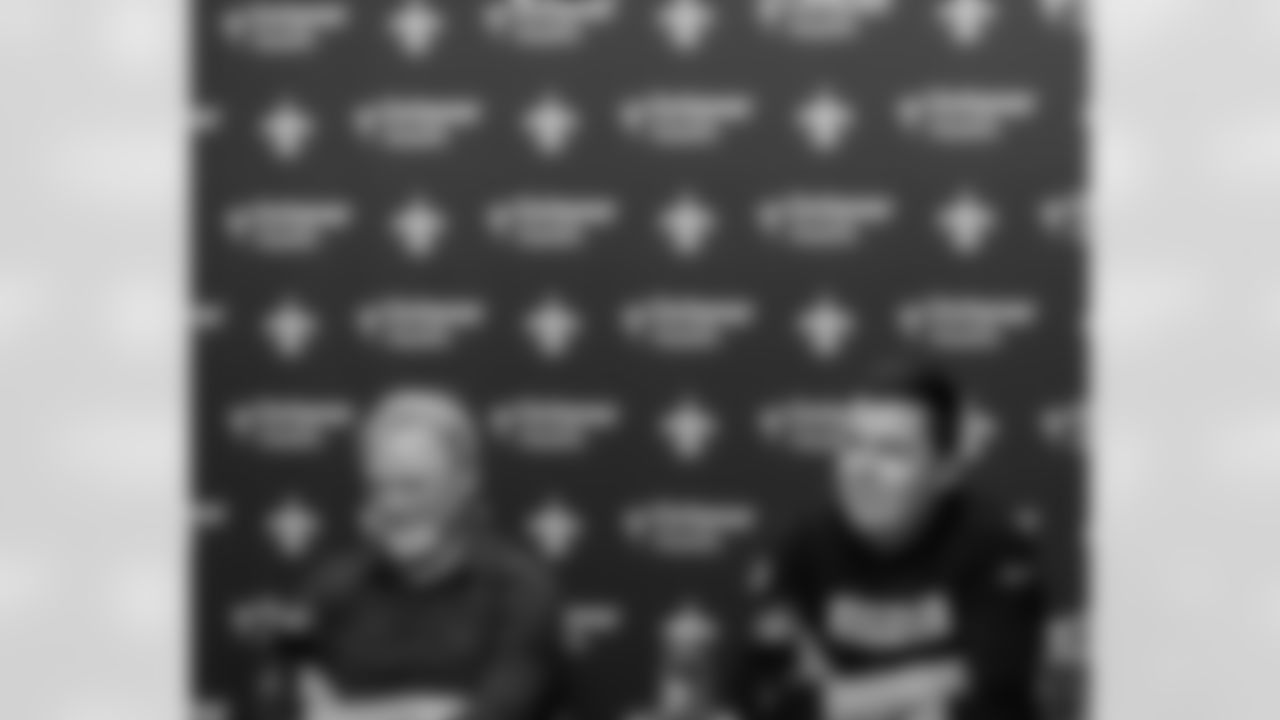 New Orleans Saints Executive Vice President/General Manager Mickey Loomis and head coach Kellen Moore speak with the media following the Saints 2025 NFL season on Jan. 7, 2026.