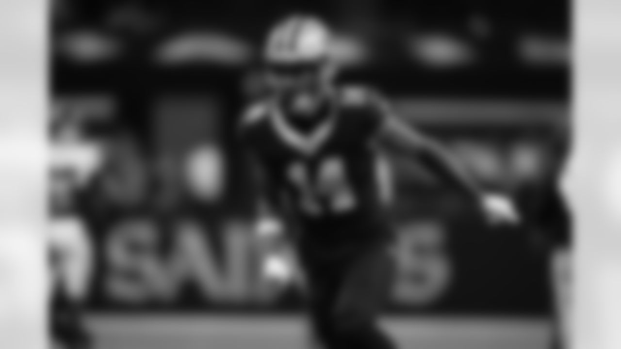 WR Devaughn Vele (14) prepares to run during the New Orleans Saints game against the New York Giants for Week 5 of the 2025 NFL season on Oct. 5, 2025 at Caesars Superdome.