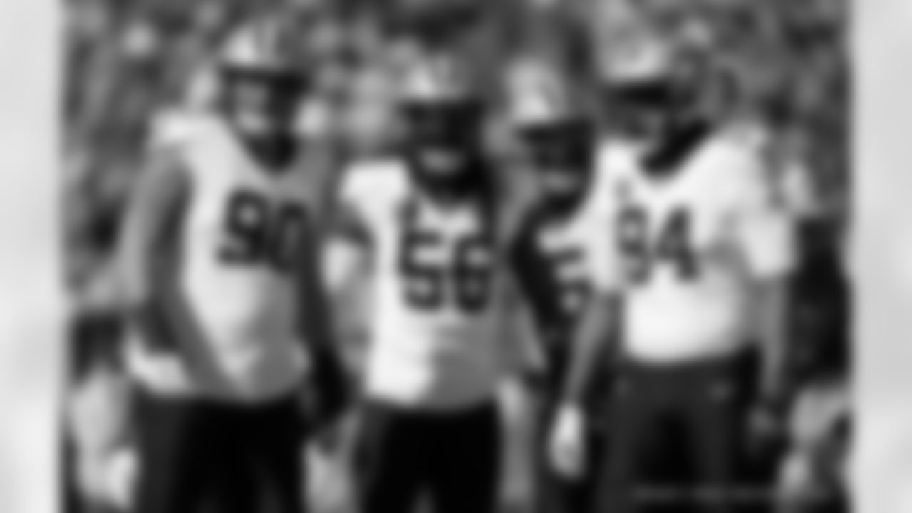 DT Bryan Bresee (90), LB Demario Davis (56), and Cameron Jordan (94) during the New Orleans Saints game against the Tampa Bay Buccaneers for Week 18 of the 2024 NFL Season on Jan. 5, 2025 at Raymond James Stadium.