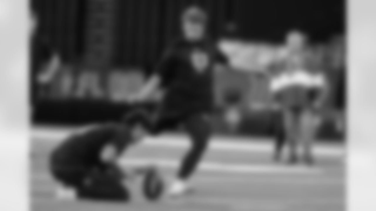 Florida kicker Trey Smack (03) kicks at the NFL football scouting combine in Indianapolis, Wednesday, Feb. 25, 2026.